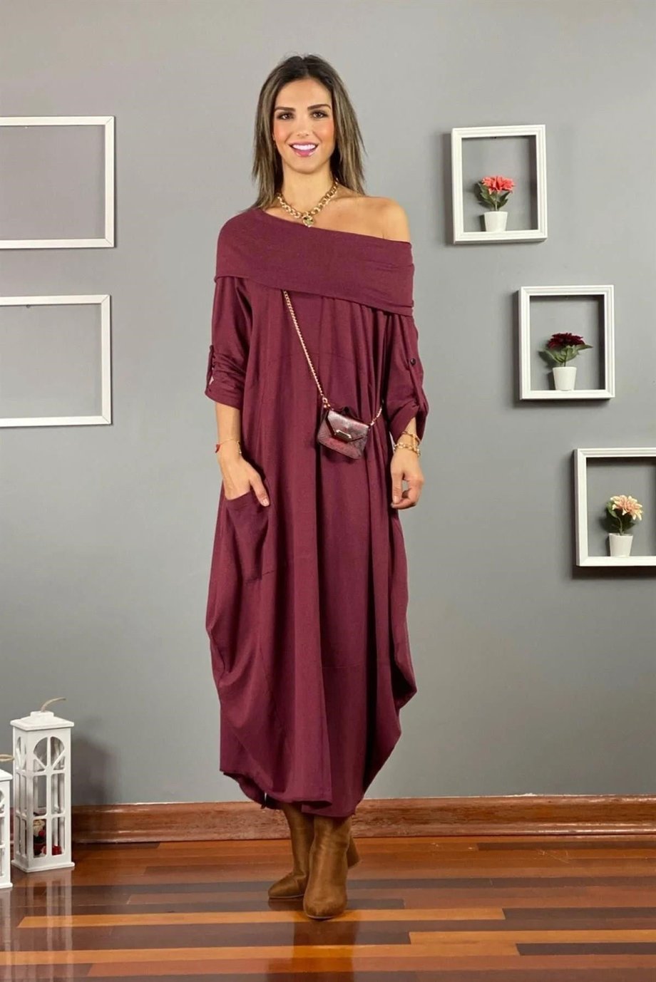 Bordo Sihirli Yaka Pamuklu Elbise