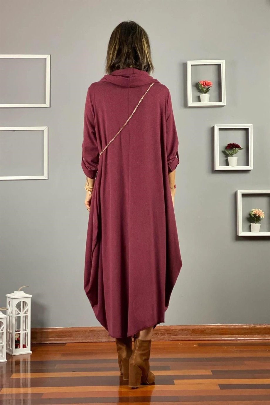 Bordo Sihirli Yaka Pamuklu Elbise