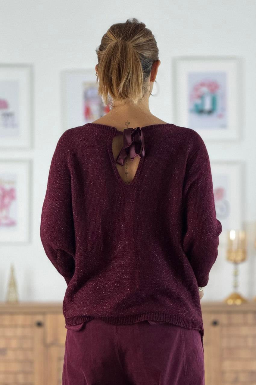 Bordo Simli Sırtı Fiyonk Detaylı İtalyan Bluz
