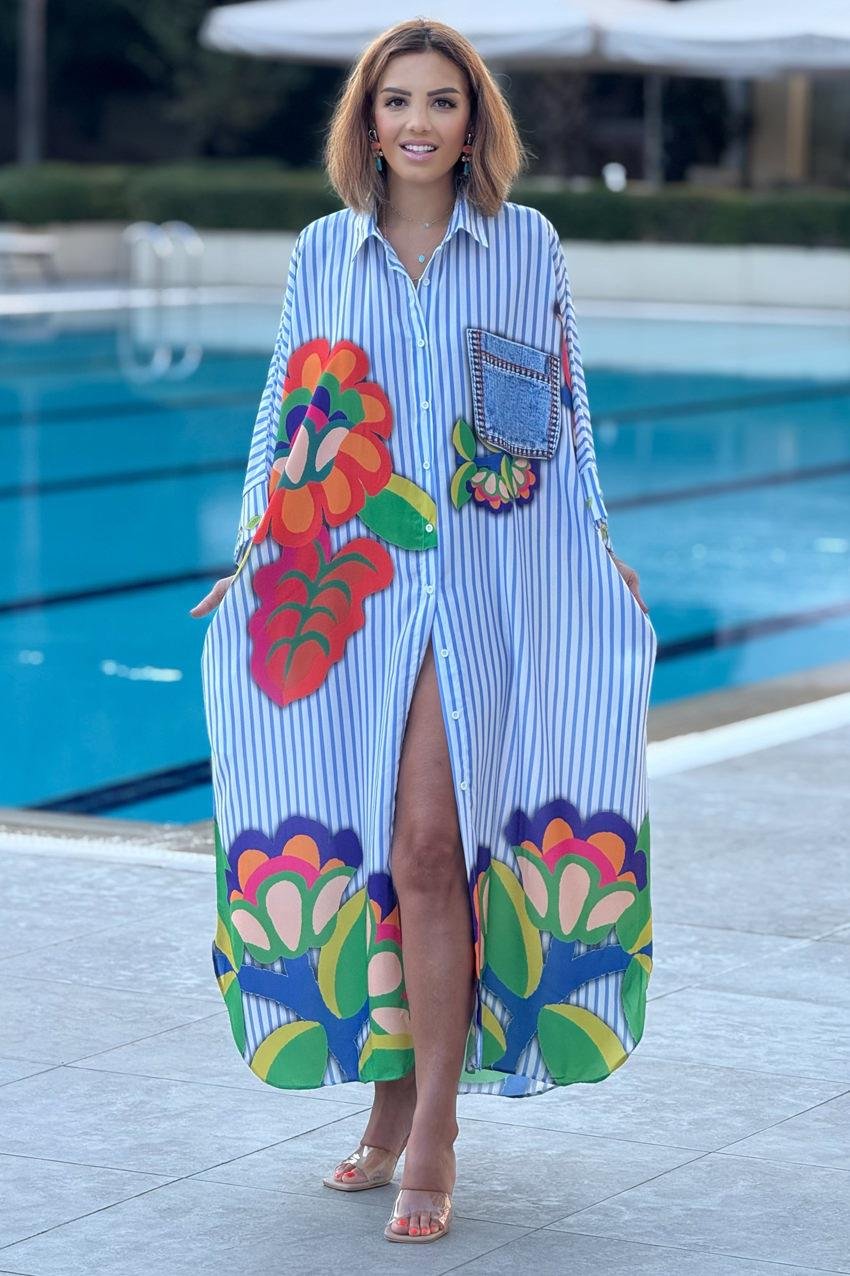 Çizgili Boho Çiçek Desenli Salaş Elbise