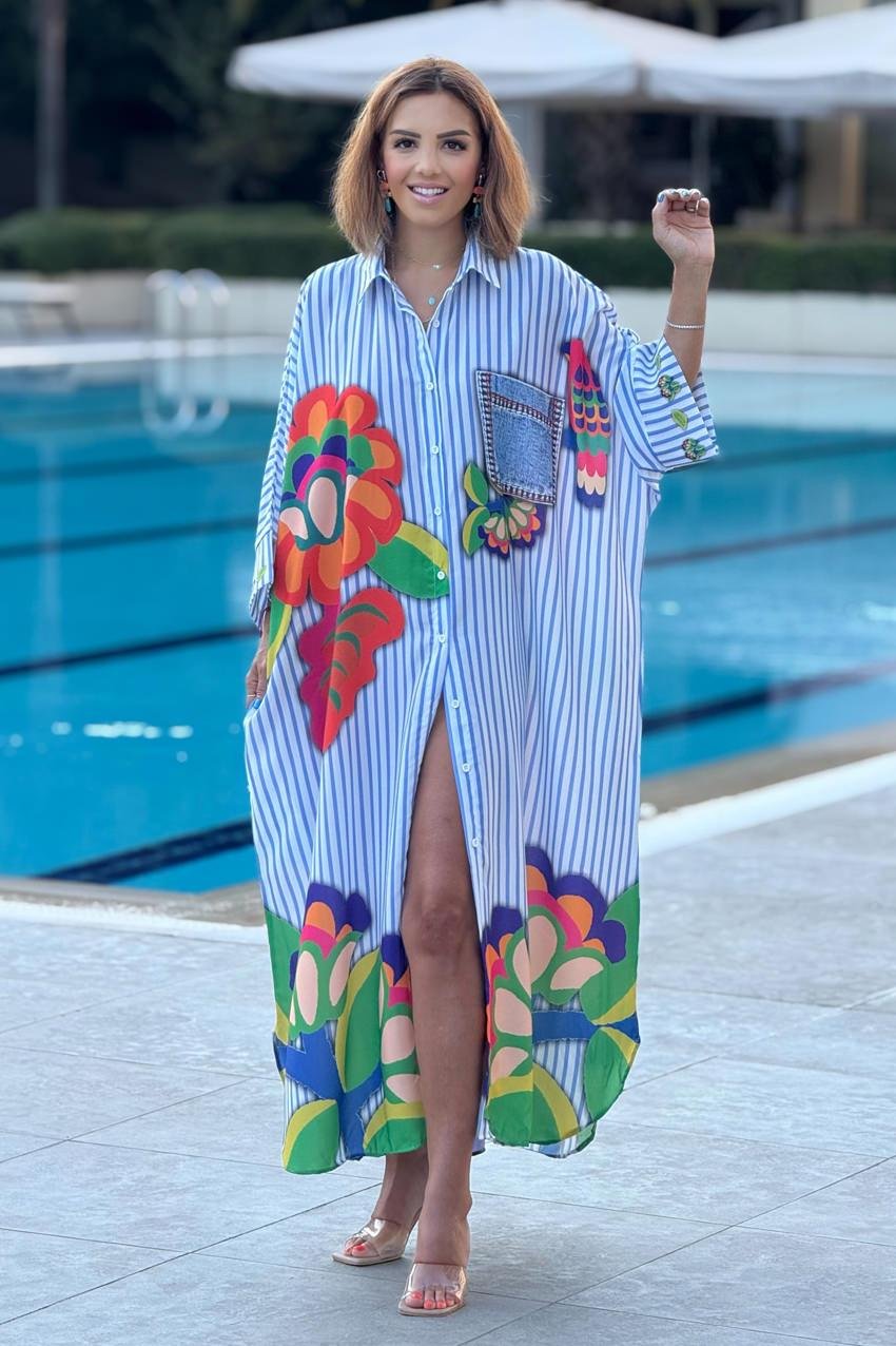 Çizgili Boho Çiçek Desenli Salaş Elbise