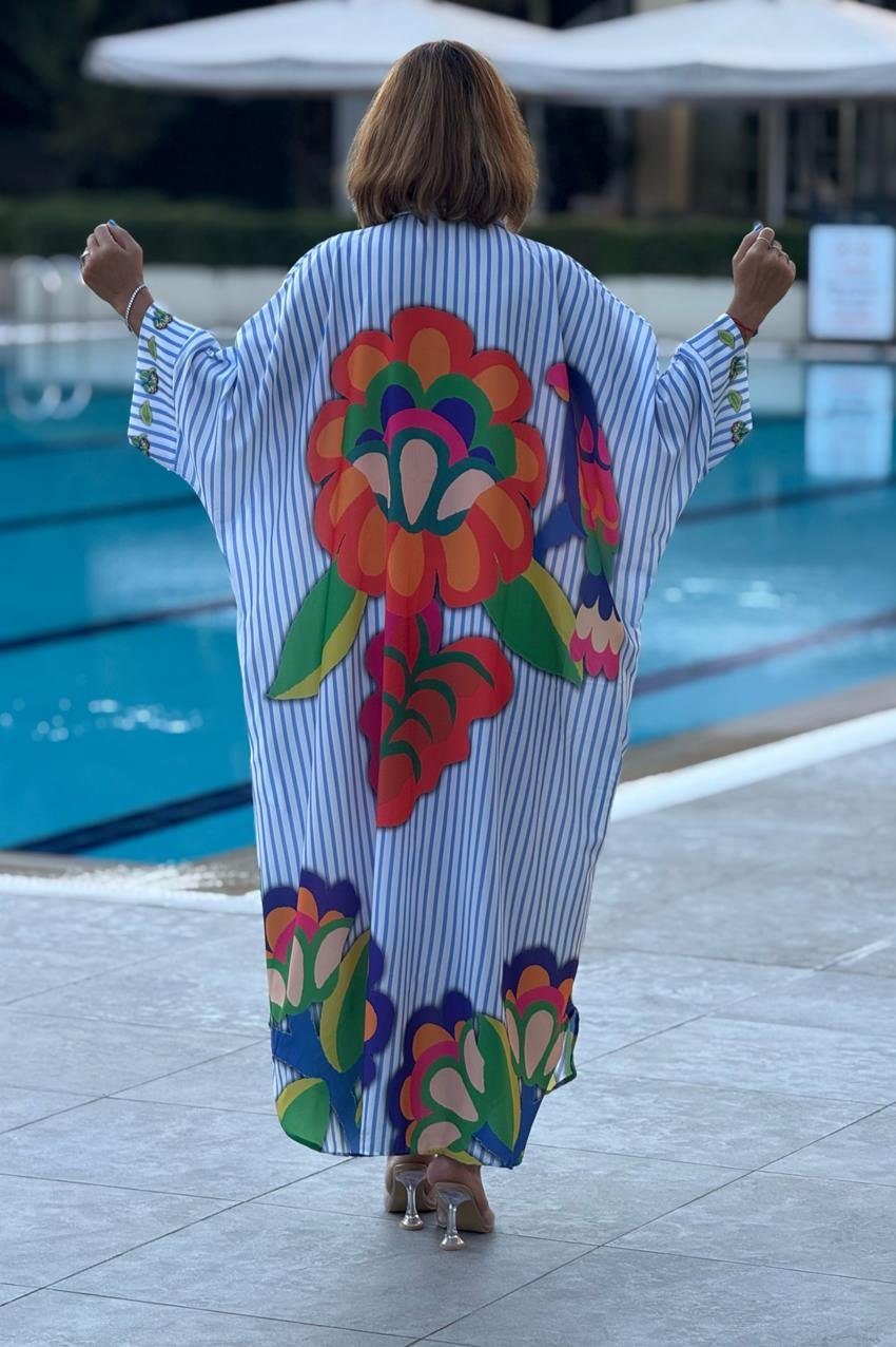 Çizgili Boho Çiçek Desenli Salaş Elbise