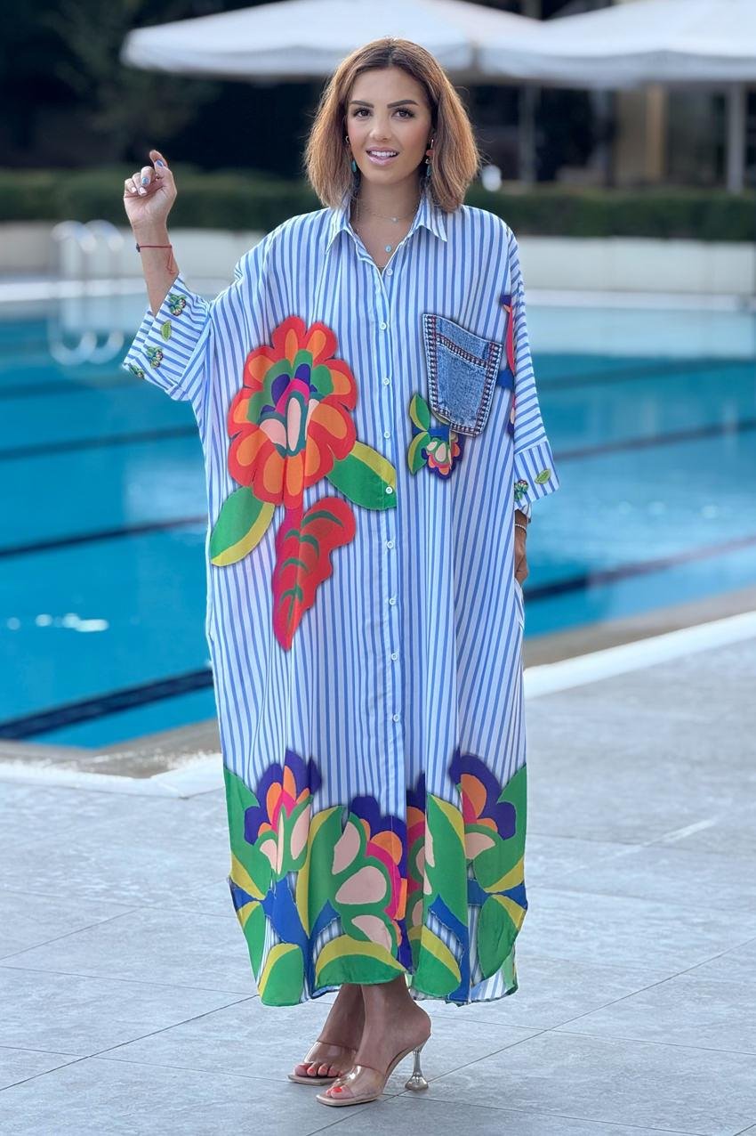 Çizgili Boho Çiçek Desenli Salaş Elbise