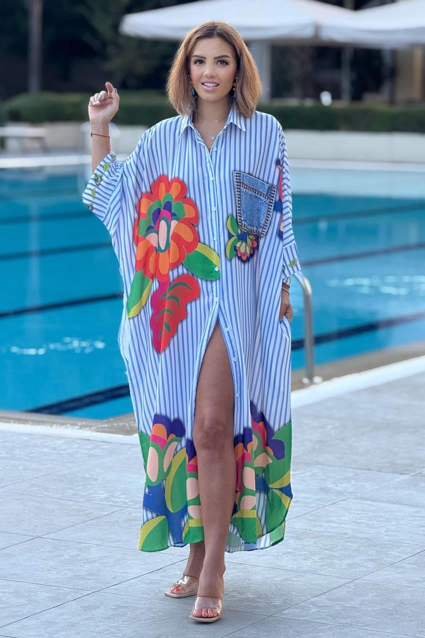 Çizgili Boho Çiçek Desenli Salaş Elbise