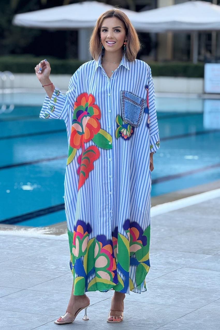 Çizgili Boho Çiçek Desenli Salaş Elbise