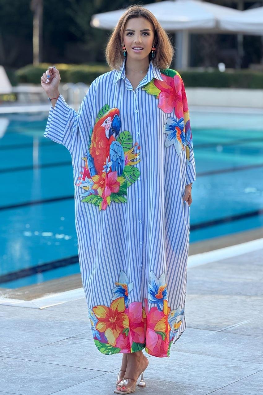 Çizgili Boho Kuş Desenli Salaş Elbise