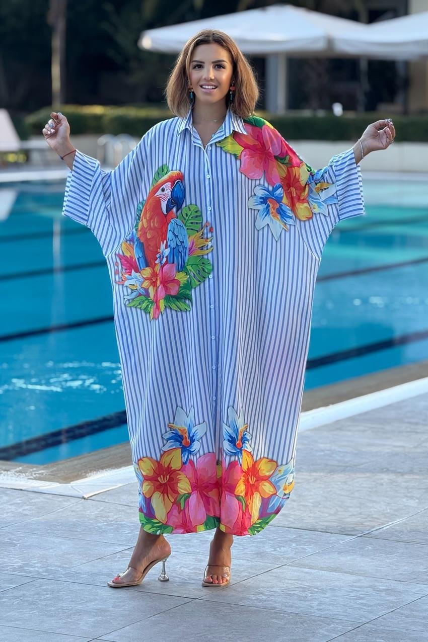 Çizgili Boho Kuş Desenli Salaş Elbise
