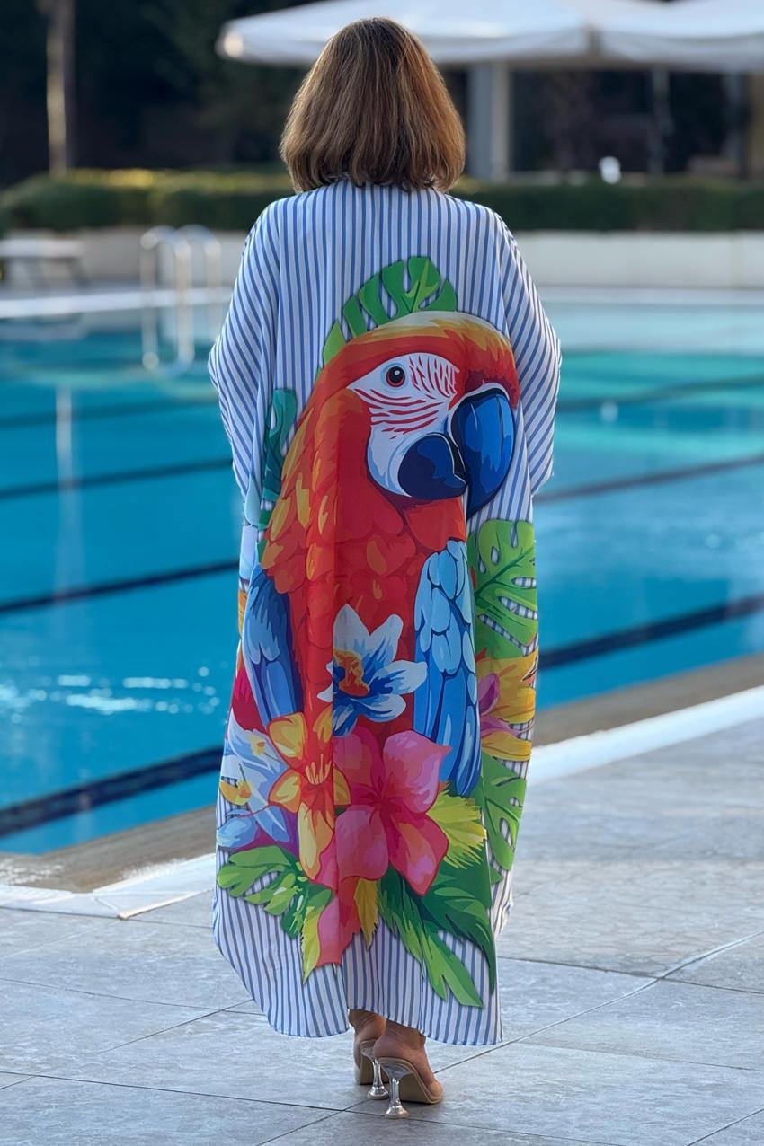 Çizgili Boho Kuş Desenli Salaş Elbise