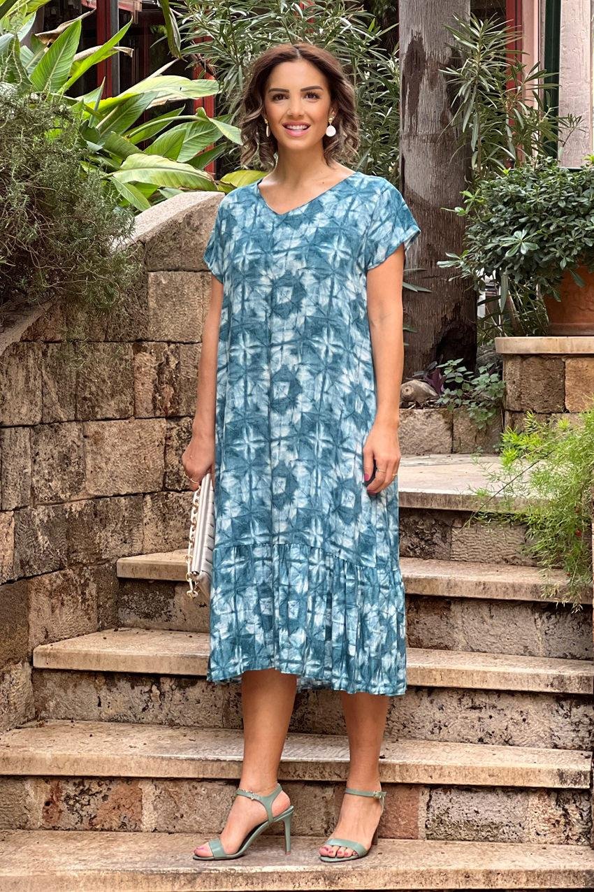 Denim Renk Batik Desenli %100 Pamuk Viskon Elbise