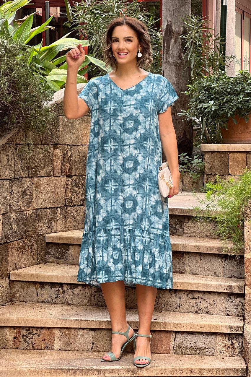 Denim Renk Batik Desenli %100 Pamuk Viskon Elbise