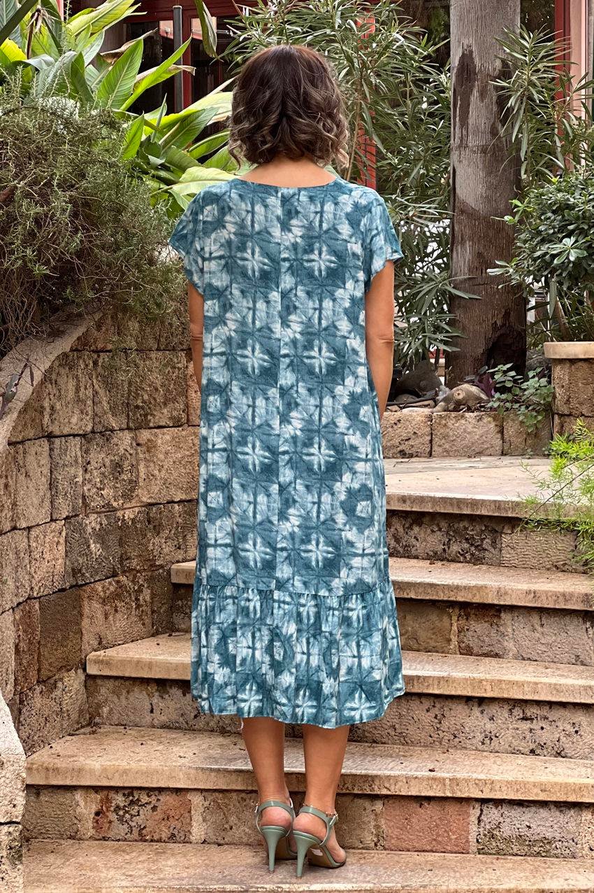 Denim Renk Batik Desenli %100 Pamuk Viskon Elbise