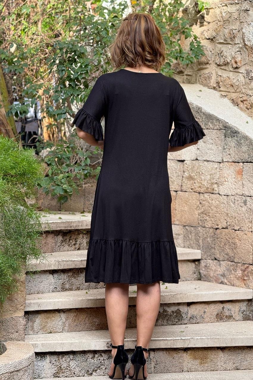 Düz Siyah Etekleri Fırfırlı Yazlık Pamuklu Penye Elbise