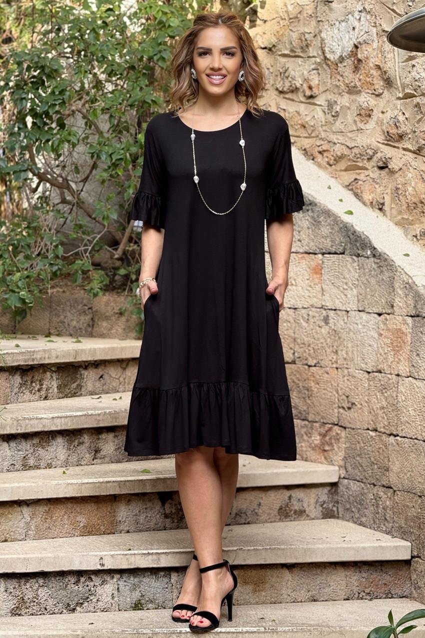 Düz Siyah Etekleri Fırfırlı Yazlık Pamuklu Penye Elbise