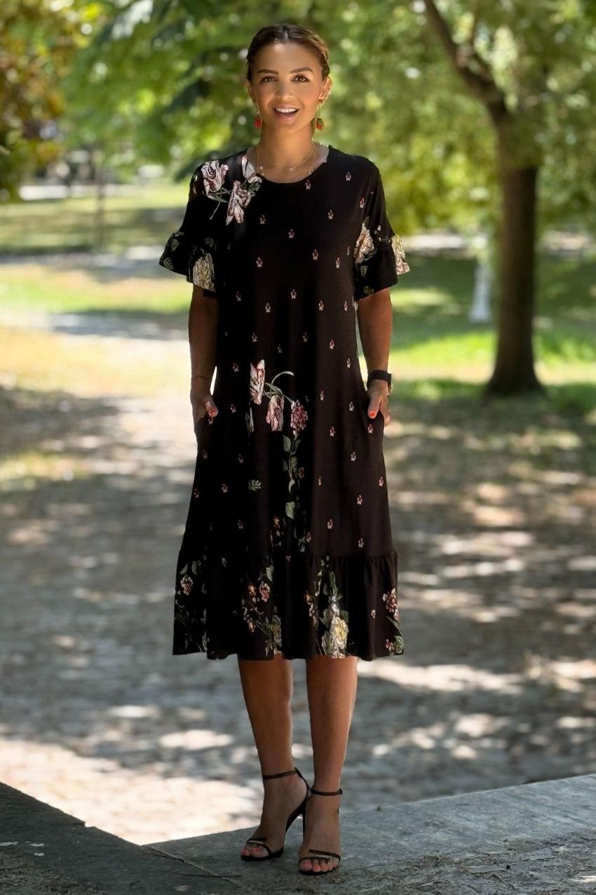 Etekleri Fırfırlı Siyah Gül Desenli Elbise