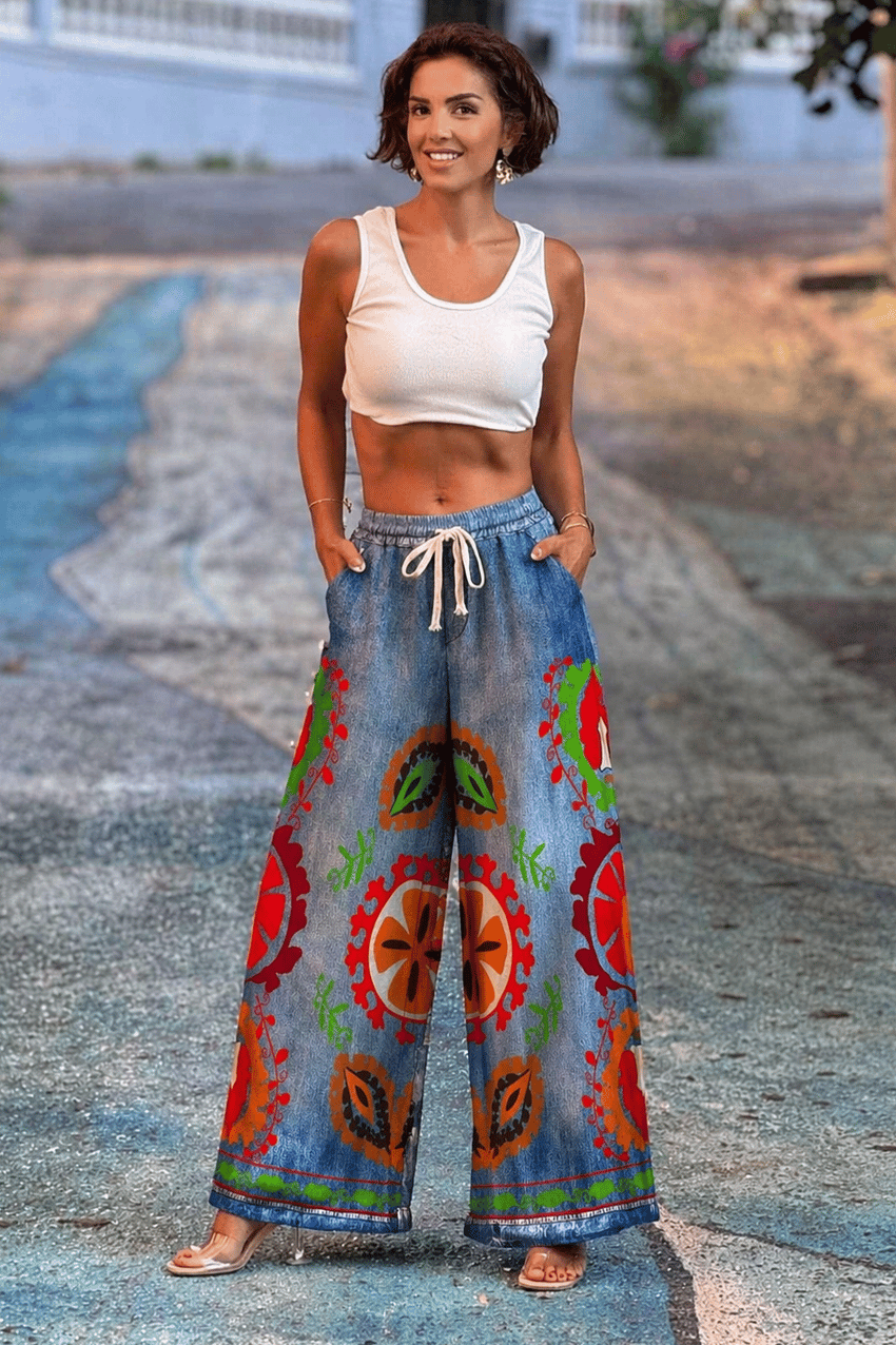 Etnik Desenli Denim Görünümlü Pantolon