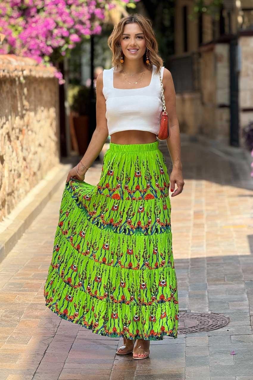 Fıstık Yeşili Bahar Dalı Desenli %100 Pamuk Viskon Etek