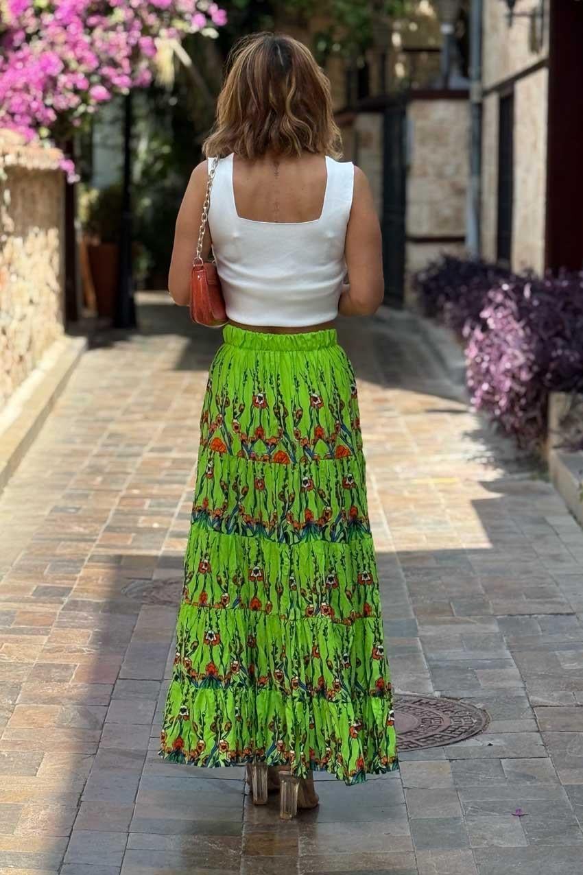 Fıstık Yeşili Bahar Dalı Desenli %100 Pamuk Viskon Etek