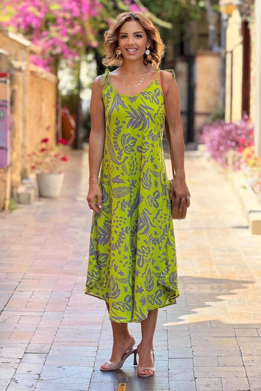 Fıstık Yeşili Hitit Desenli Omuzları Bağlamalı Askılı Elbise