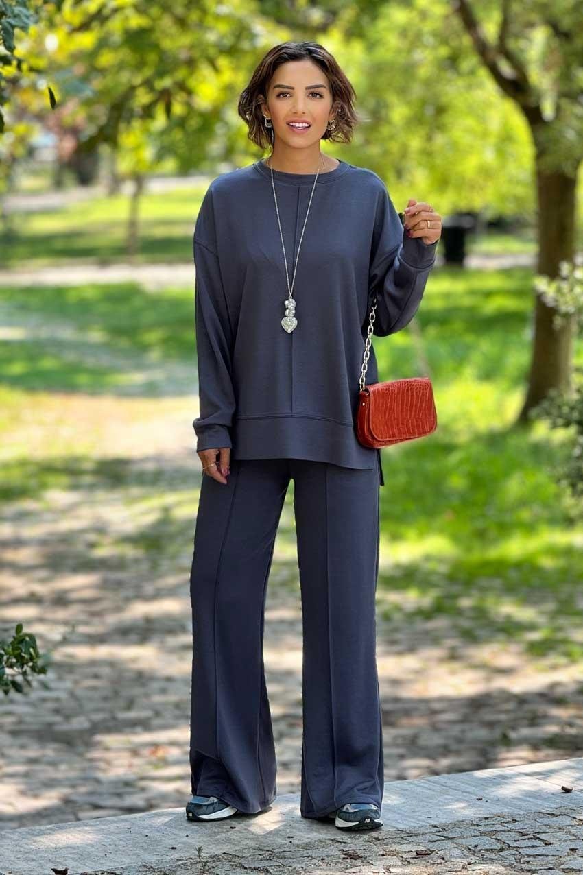 Füme Rengi Modal Kumaş Pantolon Bluz Takım