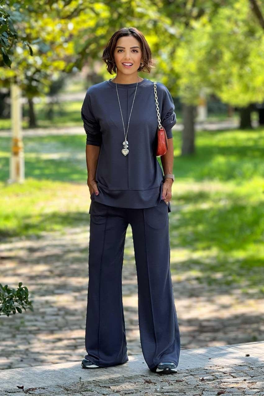 Füme Rengi Modal Kumaş Pantolon Bluz Takım