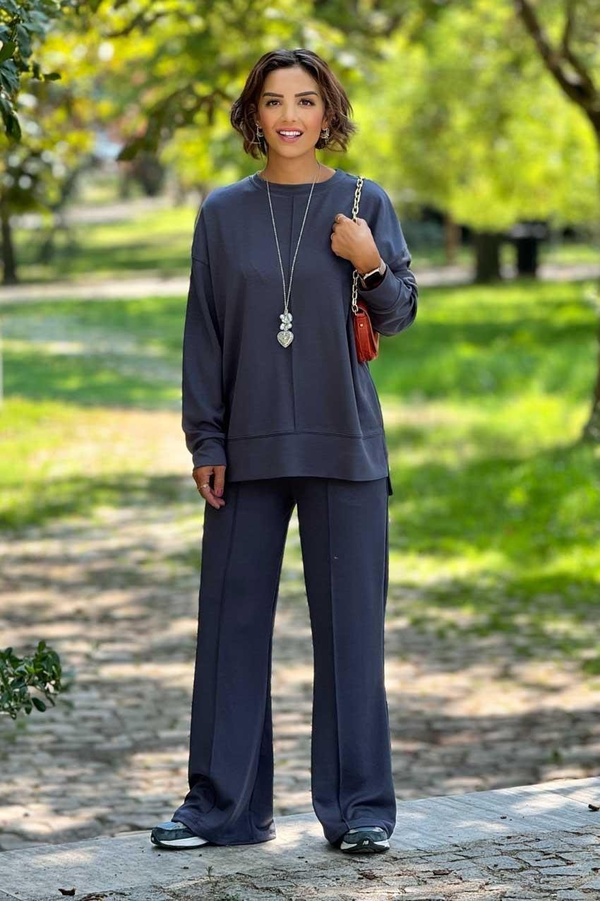 Füme Rengi Modal Kumaş Pantolon Bluz Takım