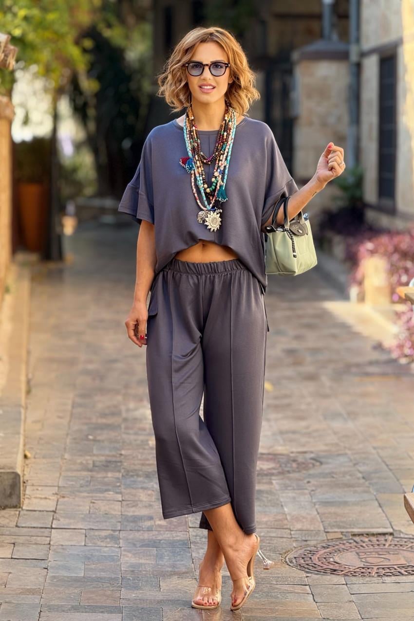 Füme Renk %100 Organik Pamuk Modal Kumaş İkili Takım