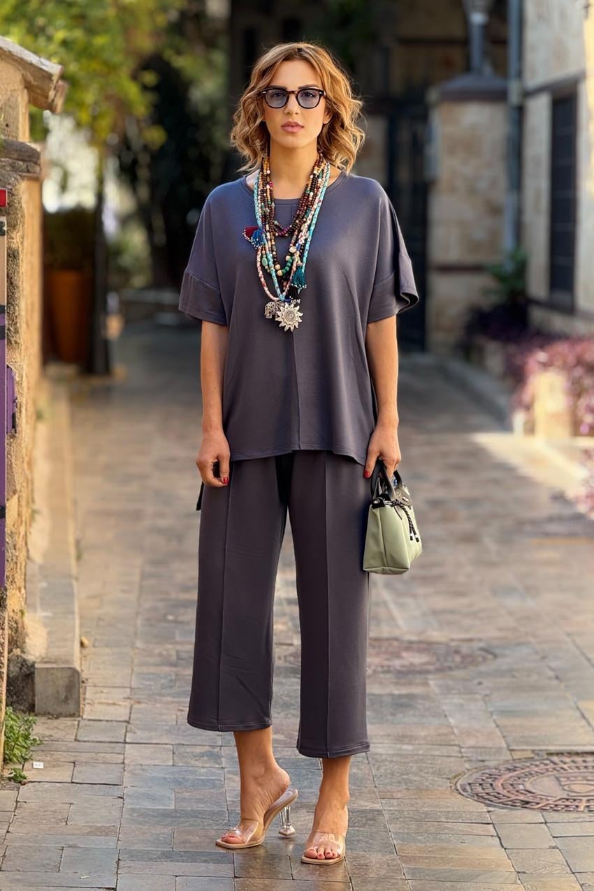 Füme Renk %100 Organik Pamuk Modal Kumaş İkili Takım