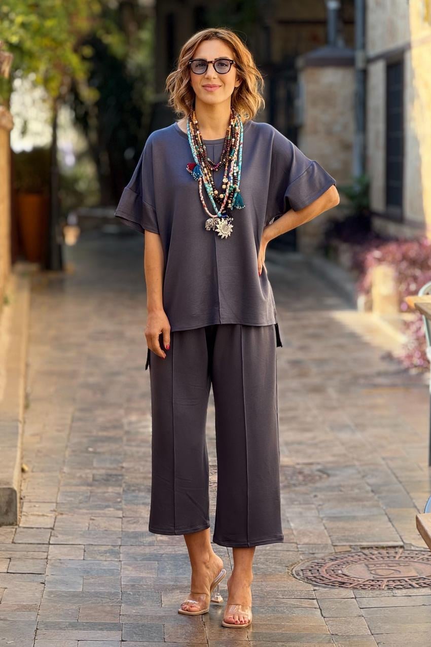 Füme Renk %100 Organik Pamuk Modal Kumaş İkili Takım