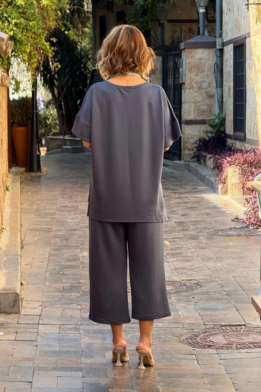 Füme Renk %100 Organik Pamuk Modal Kumaş İkili Takım