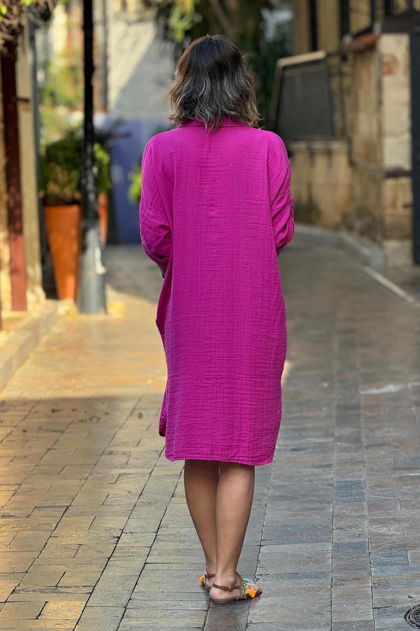 Fuşya %100 Pamuk Müslin Gömlek Elbise