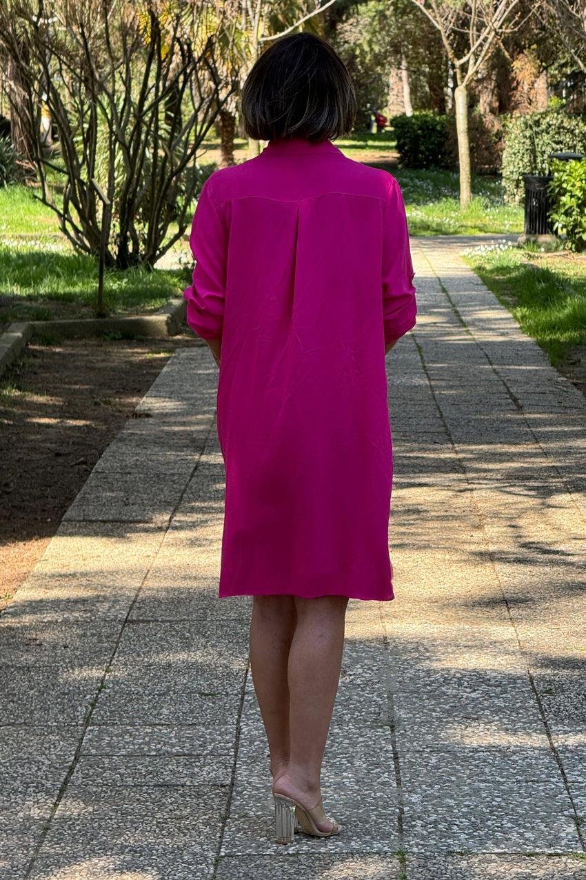 Fusya Renk %100 Pamuk Midi Boy Gömlek Elbise