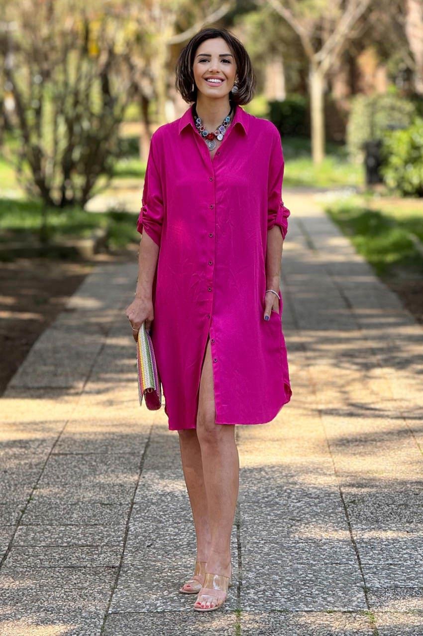 Fusya Renk %100 Pamuk Midi Boy Gömlek Elbise