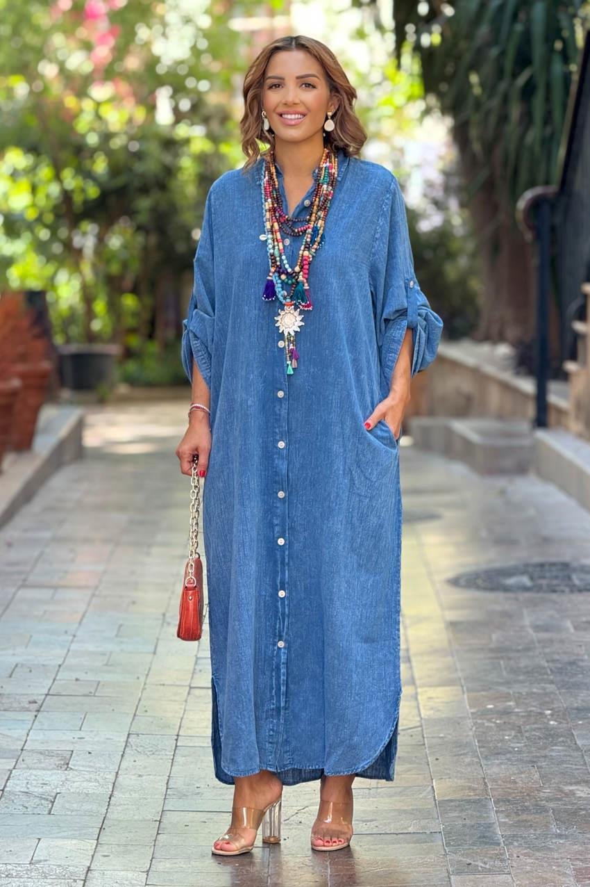 Gök Rengi Parça Boya Gömlek Elbise