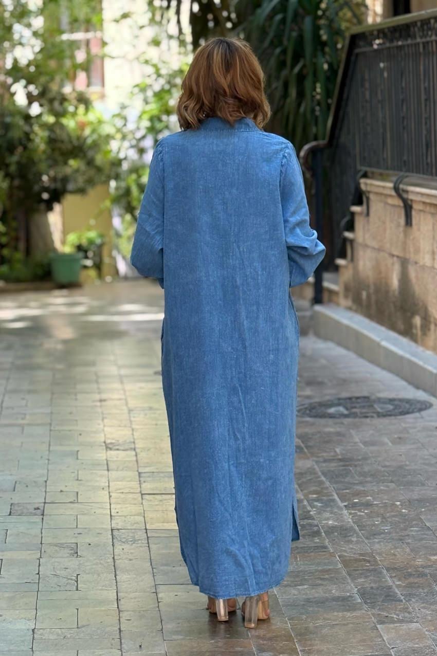 Gök Rengi Parça Boya Gömlek Elbise