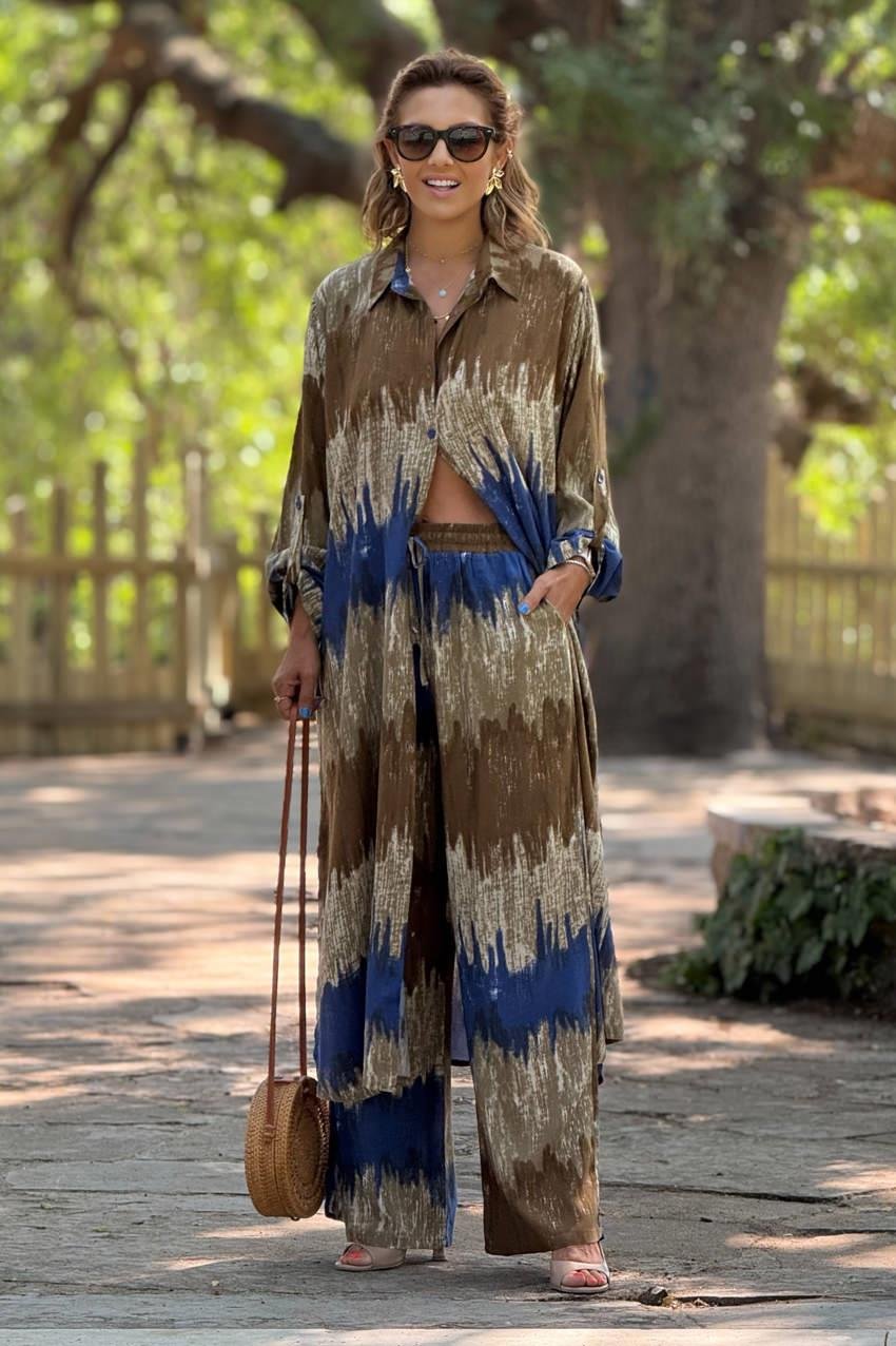 GÖMLEK PANTOLON TAKIM - Kahverengi Dalga Desenli