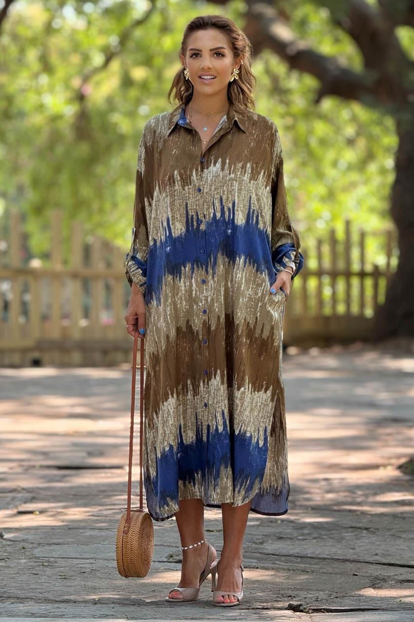 GÖMLEK PANTOLON TAKIM - Kahverengi Dalga Desenli