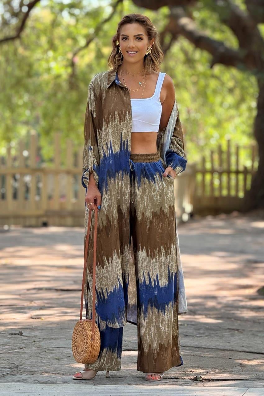 GÖMLEK PANTOLON TAKIM - Kahverengi Dalga Desenli