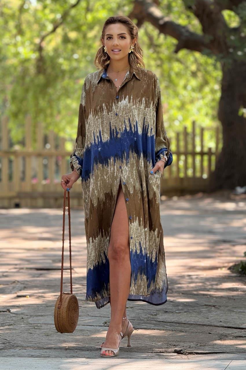 GÖMLEK PANTOLON TAKIM - Kahverengi Dalga Desenli