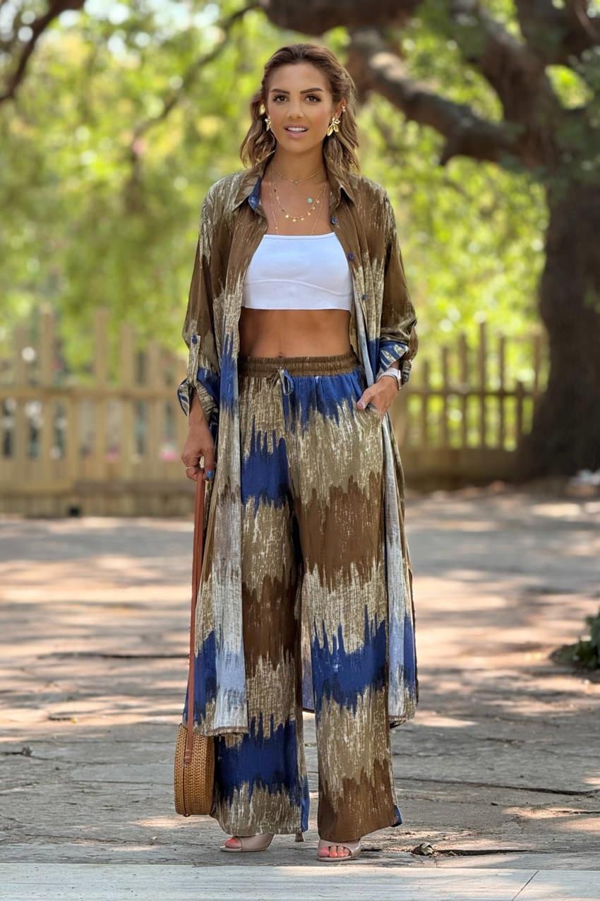 GÖMLEK PANTOLON TAKIM - Kahverengi Dalga Desenli