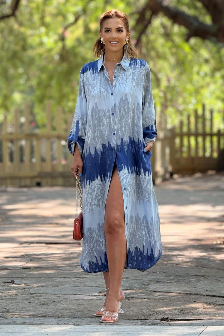 GÖMLEK PANTOLON TAKIM - Mavi Dalga Desenli