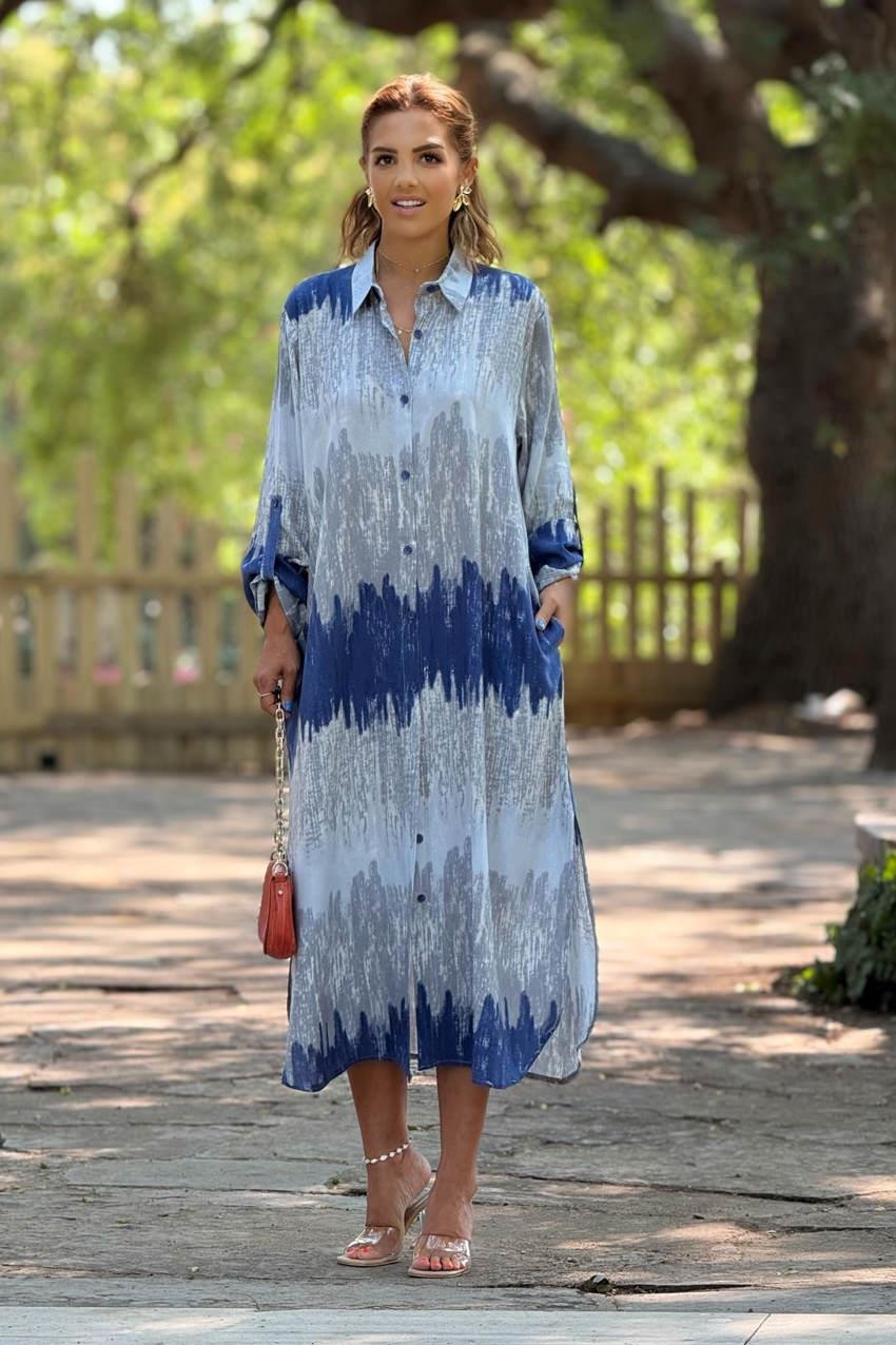 GÖMLEK PANTOLON TAKIM - Mavi Dalga Desenli