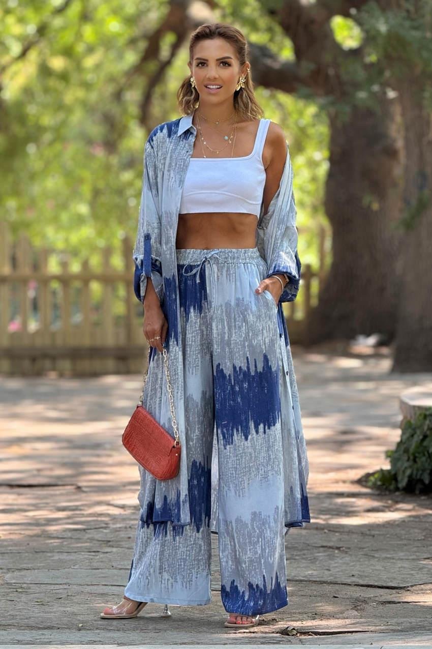 GÖMLEK PANTOLON TAKIM - Mavi Dalga Desenli