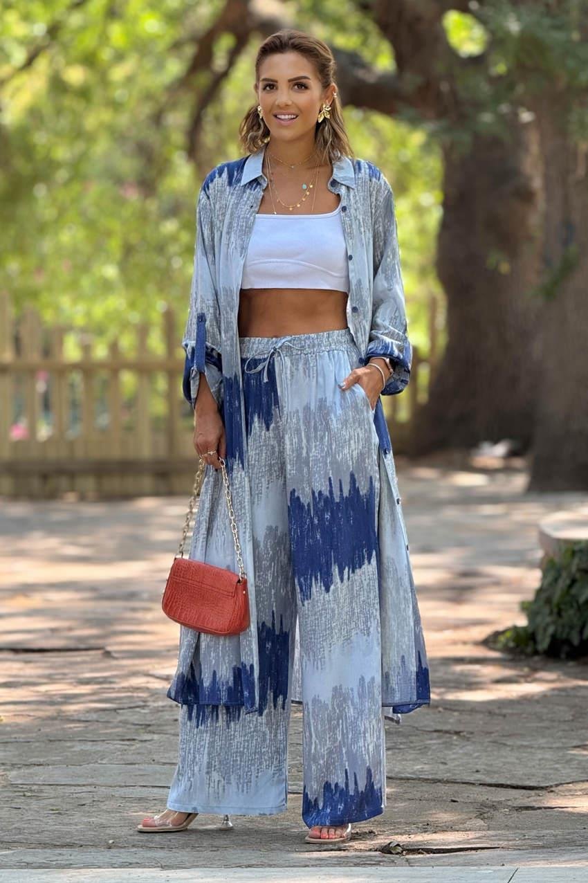 GÖMLEK PANTOLON TAKIM - Mavi Dalga Desenli