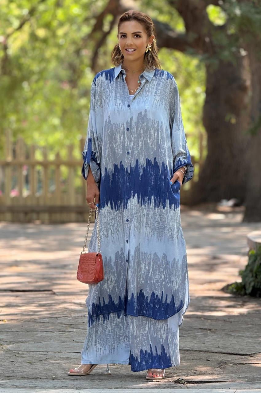 GÖMLEK PANTOLON TAKIM - Mavi Dalga Desenli