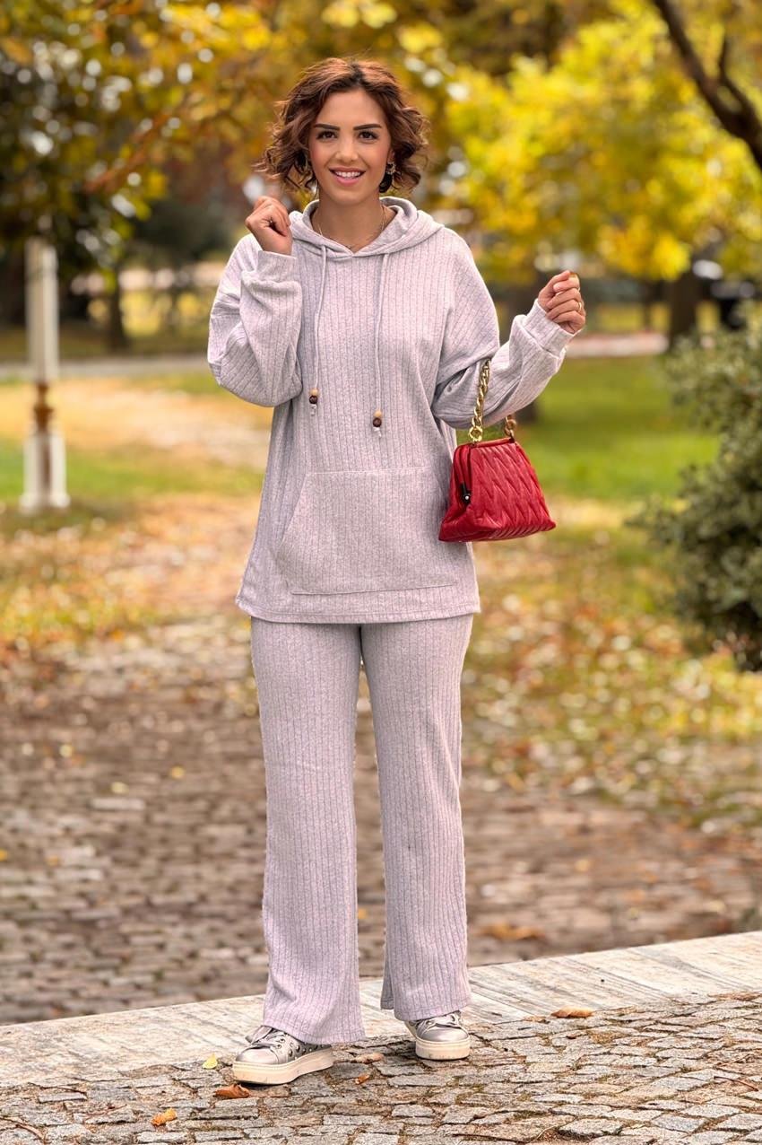 Gri Kanguru Cepli Yün Pamuk İkili Takım