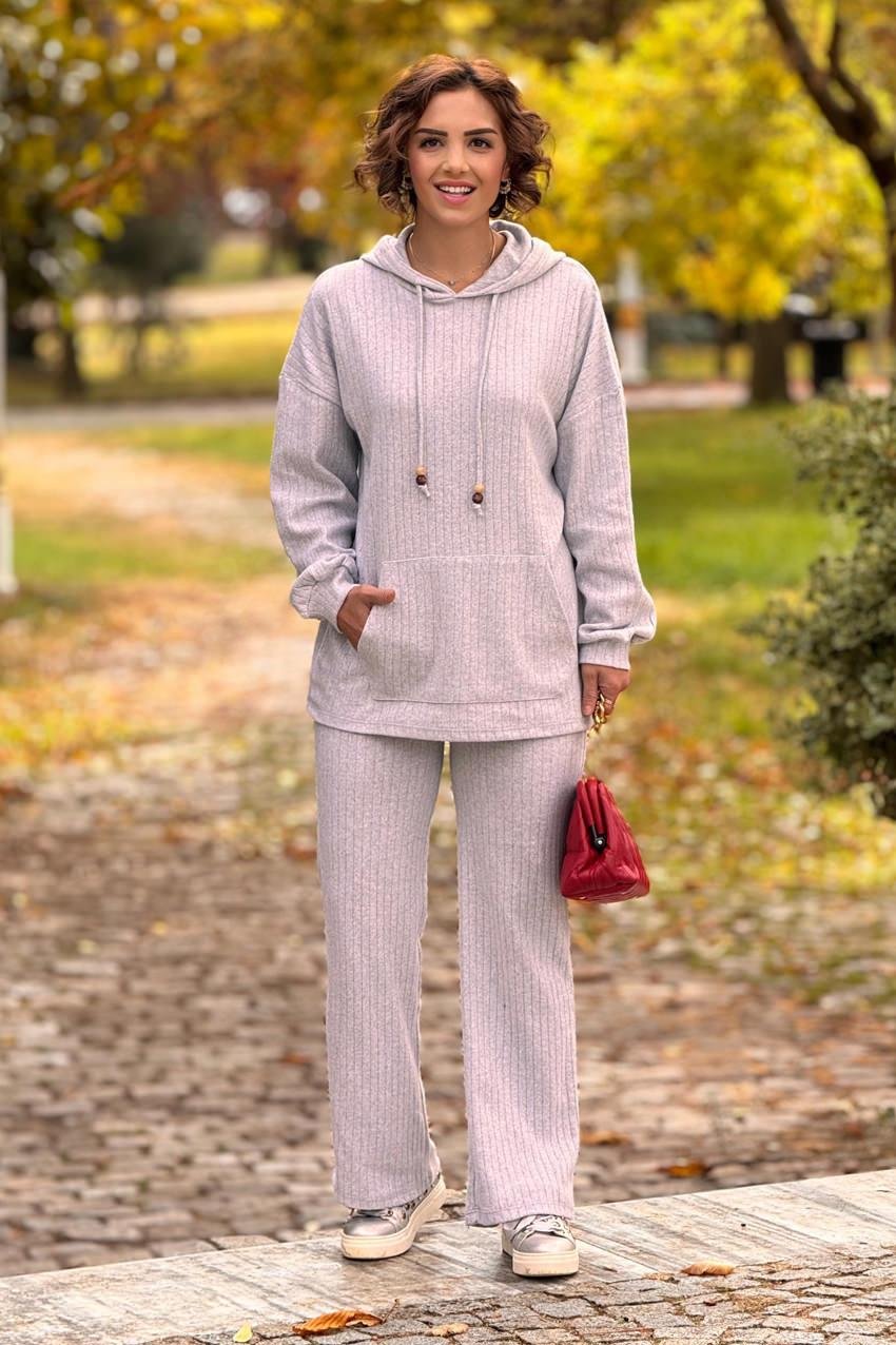 Gri Kanguru Cepli Yün Pamuk İkili Takım