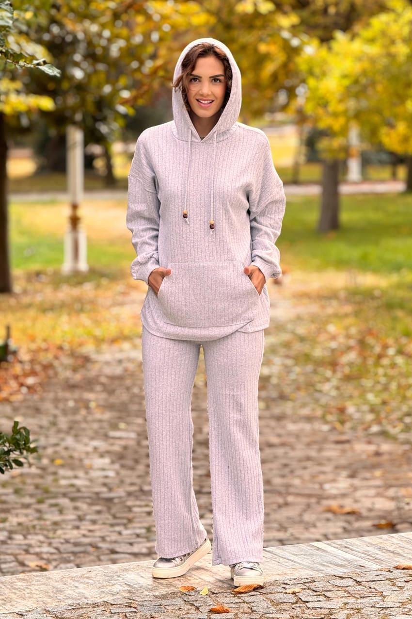 Gri Kanguru Cepli Yün Pamuk İkili Takım