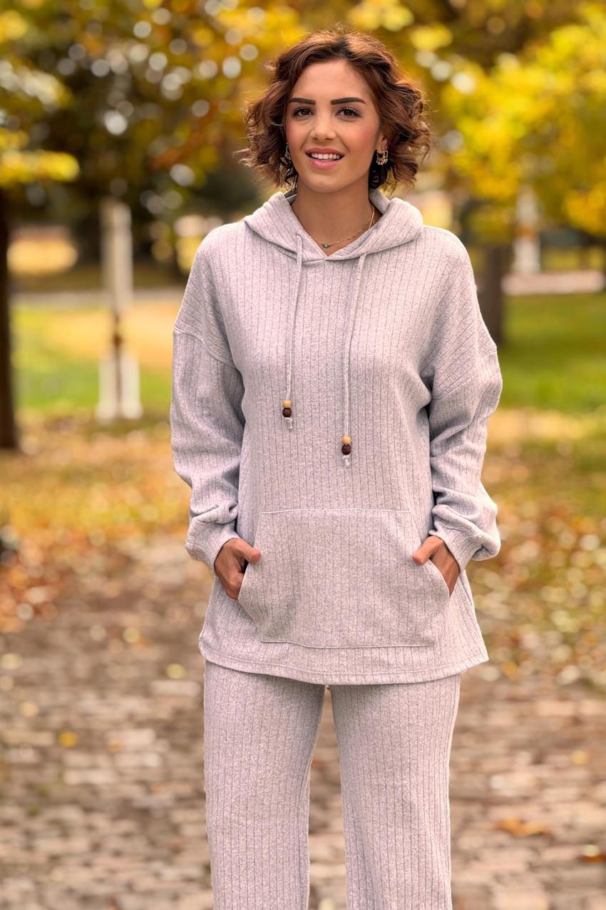 Gri Kanguru Cepli Yün Pamuk İkili Takım
