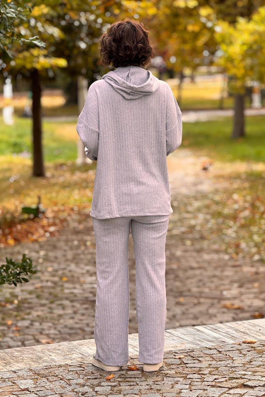 Gri Kanguru Cepli Yün Pamuk İkili Takım