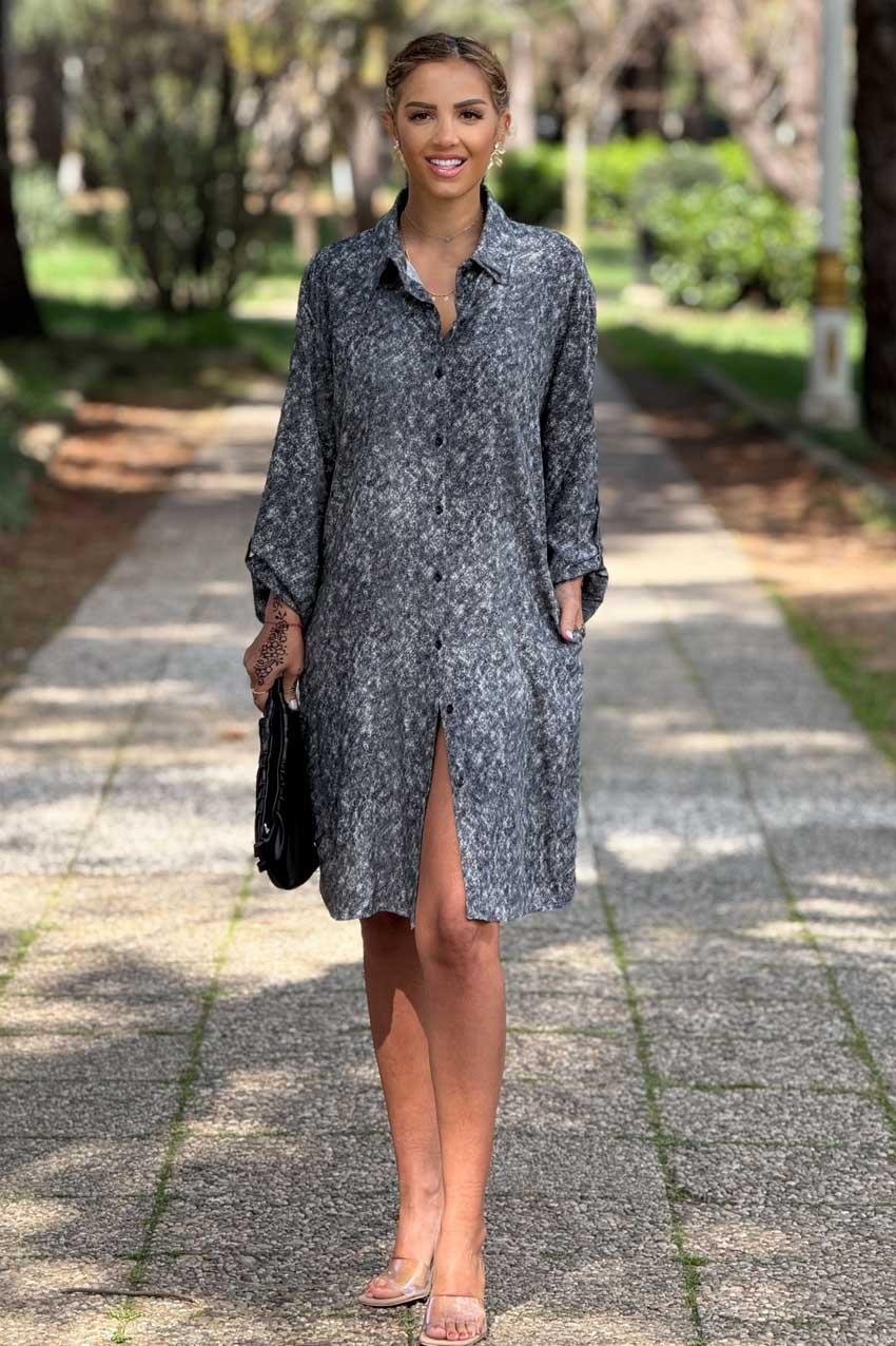 Gri Renk %100 Pamuk Midi Boy Gömlek Elbise